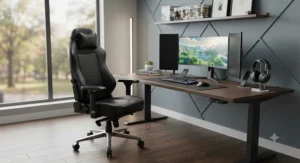 Modern home office setup featuring a sleek black leather gaming chair at a desk.