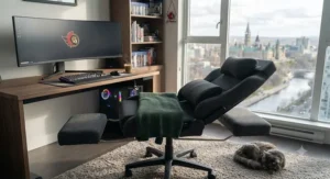 A complete gaming setup in Ottawa featuring a sleek reclining gaming chair for napping ready for extended work and gaming sessions.