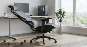 Reclining breathable fabric gaming chair for hot rooms with 4D armrests and cool mesh fabric for optimal temperature regulation.