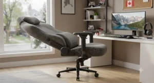 A fabric gaming chair fully reclined with built-in lumbar support pillow for posture correction.