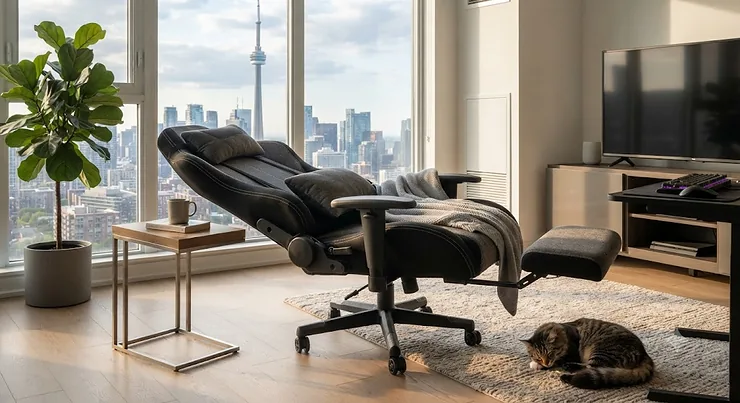 A comfortable reclining gaming chair for napping set up in a modern Toronto apartment living room, featuring adjustable lumbar support and footrest.