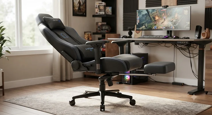 Full view of a reclining gaming chair for tall gamers designed for comfort during long gaming sessions.