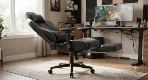 A reclining gaming chair for tall gamers shown with its retractable footrest fully extended.
