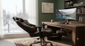 Reclining leather gaming chair with footrest positioned in a cozy Canadian den office
