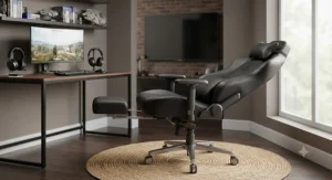 Reclining leather gaming chair featuring an extendable footrest and tilt mechanism.