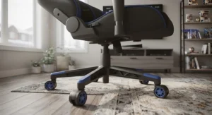 Heavy-duty metal base and smooth-rolling casters on a 180 degree reclining gaming chair for console gaming, ensuring stability on carpets and hard floors.