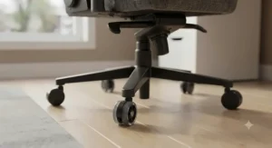 The heavy-duty nylon base and smooth-rolling casters of a durable fabric gaming chair.