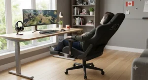 A breathable fabric budget reclining gaming chair suitable for long gaming sessions in Canadian homes.