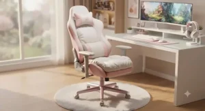 White and pink leather gaming chair featuring plush cushioning and a high backrest.