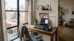 An ergonomic budget mesh gaming chair in a compact Vancouver apartment living room.