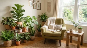 A breathable budget fabric gaming chair shown in a sunlit bedroom workspace with houseplants.