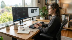 A budget fabric gaming chair positioned at a tidy wooden desk with dual monitors in a bright apartment.