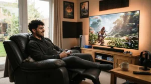 A comfortable budget fabric gaming chair set up beside a living room media console during an evening gaming session.