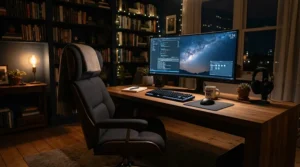 A durable budget fabric gaming chair providing comfortable support during late-night writing and gaming.