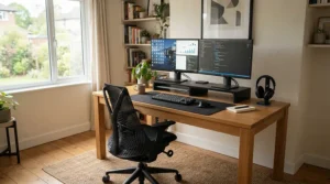 An ergonomic mesh gaming chair used as a comfortable office chair alternative in a Calgary home workspace.