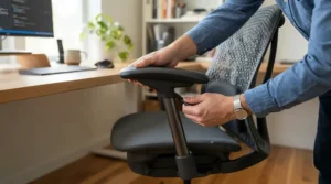 Demonstrating the 4D armrests and ergonomic adjustments on a mesh gaming chair for back support for a Calgary resident.