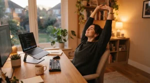 A Toronto professional feeling relaxed and pain-free after a full day using a mesh gaming chair for back support.