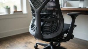 Close-up of the adjustable lumbar system on a mesh gaming chair for back support, highlighting lower spine alignment.