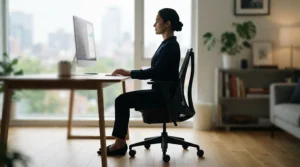 An illustration showing healthy spinal alignment while sitting in a mesh gaming chair for back support during marathon study sessions.