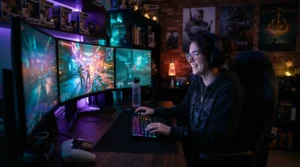 A content creator streaming video games late into the night, seated comfortably in a mesh gaming chair for back support.
