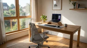 A remote worker enjoying airflow ventilation in a mesh gaming chair for hot climates in a Calgary home office.