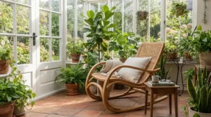 A brightly lit edmonton sunroom featuring a durable mesh gaming chair for hot climates.