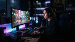 A focused gamer staying sweat-free in a mesh gaming chair for hot climates during a marathon weekend session.