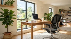 A cool mesh gaming chair positioned next to a window in an Ottawa study room during July.