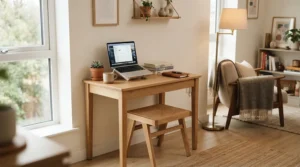 A small ergonomic gaming chair tucked neatly under a minimalist desk in a bedroom.