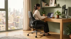 A small ergonomic gaming chair featuring integrated lumbar support in a cozy apartment setup.