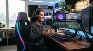Streamer broadcasting live while seated in a stylish small ergonomic gaming chair.