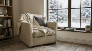 A small ergonomic gaming chair paired with a cozy blanket in a warm Canadian winter room.
