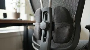 Close-up of lumbar and neck pillows on a small gaming chair for short adults designed for petite frames.