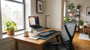 A small gaming chair for short adults used as a comfortable desk chair in a Montreal apartment home office.