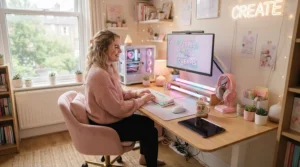 A pink small gaming chair for short adults paired with matching desk accessories and RGB lighting.