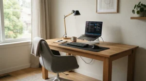 A stylish budget fabric gaming chair complementing a minimalist white desk and warm desk lamp.